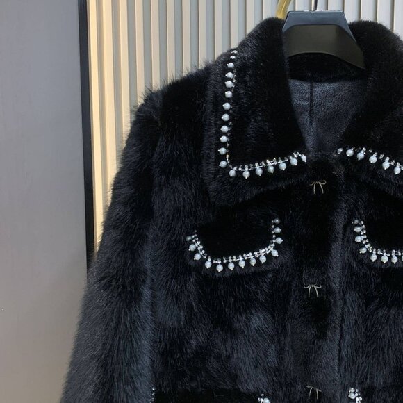 Fur coat with rhinestone trim and bow accents - Picture 3 of 5